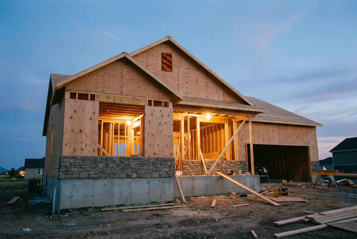 A new house under construction at dusk, its concrete foundation and lower plinth course visible below the timber frame.