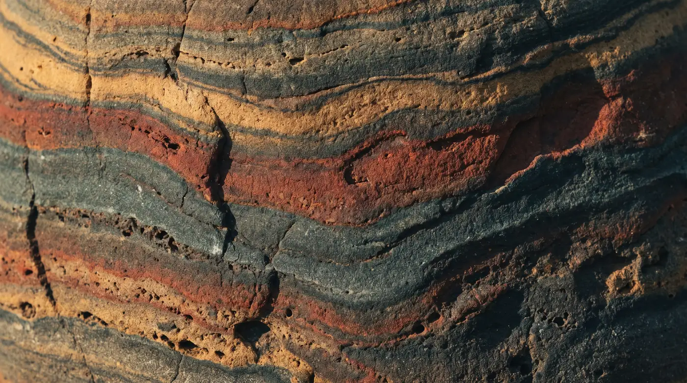 A cut and polished face of sedimentary rock, its horizontal layers running in bands of ochre, rust, teal-grey and dark basalt under low raking light.