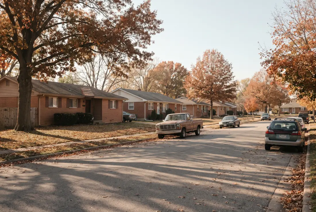 A quiet street of modest single-storey homes on a clear autumn morning, with mature trees and parked cars.
